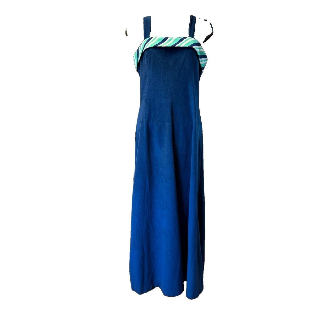 Vintage 70s Maxi Dress Small Blue Velour Sleeveless Retro Party Evening Gown Mod - Picture 11 of 12